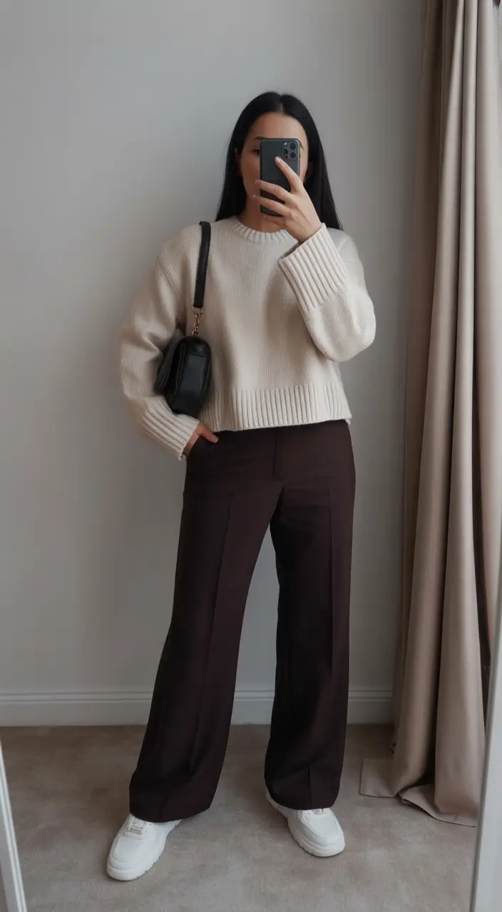 essential spring workwear 2026 Creamy Knits with Deep Chocolate Tailoring
