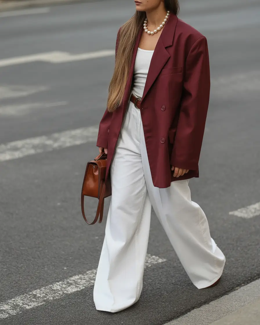 essential spring workwear 2026 White Tailoring with a Deep Burgundy Statement Blazer