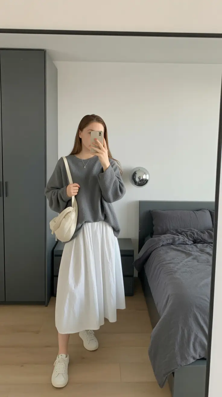 essential spring workwear 2026 Soft Grey Layers with a Flowing White Skirt
