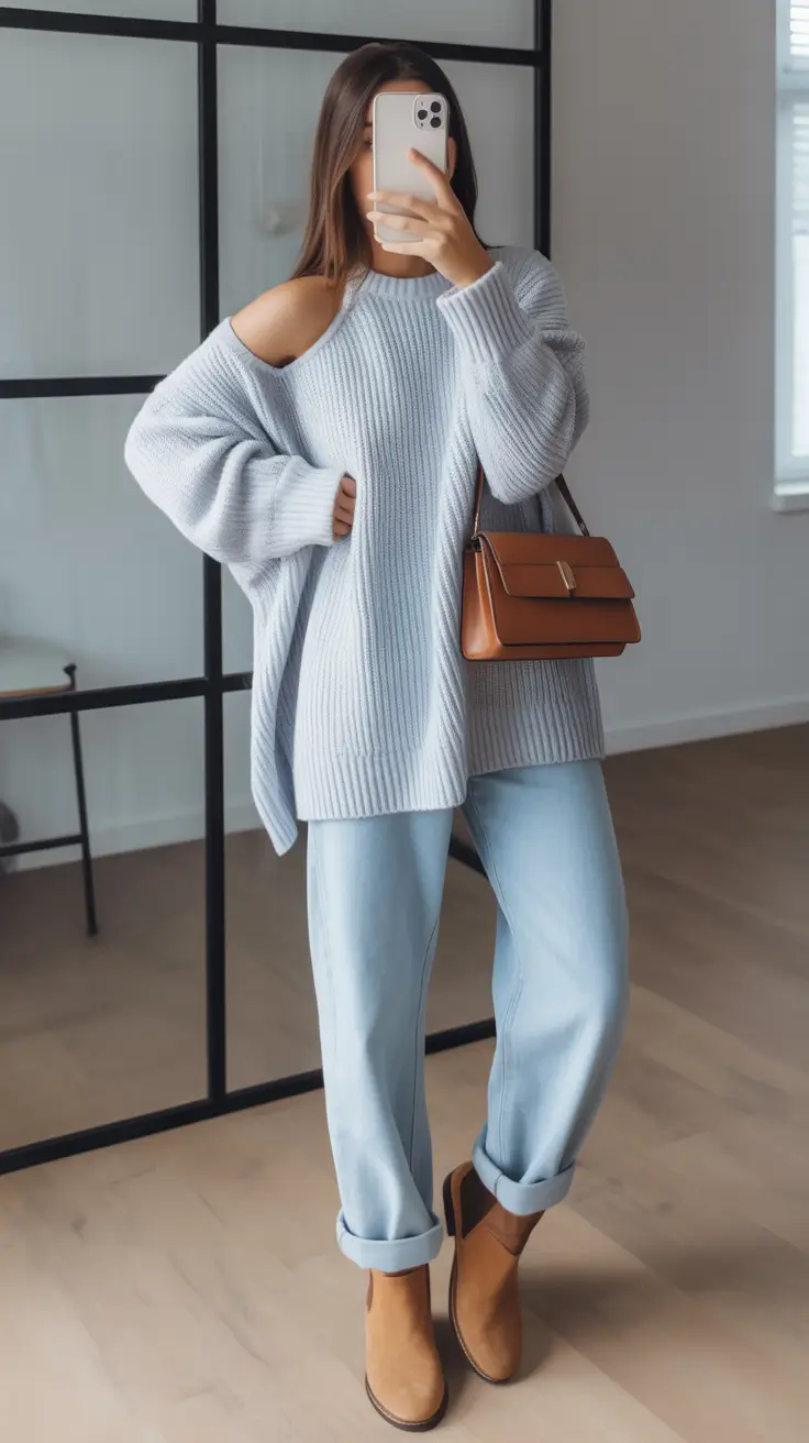 fashionable spring mom outfits 2026 The Slouchy Knit and Light Denim Outfit That Feels Soft and Classy