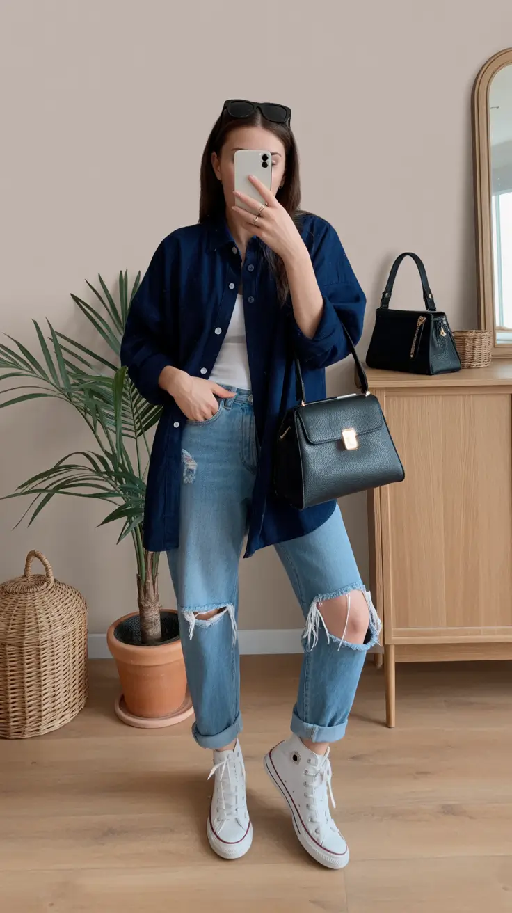fashionable spring mom outfits 2026 The Navy Overshirt Outfit That Makes Denim Feel More Polished