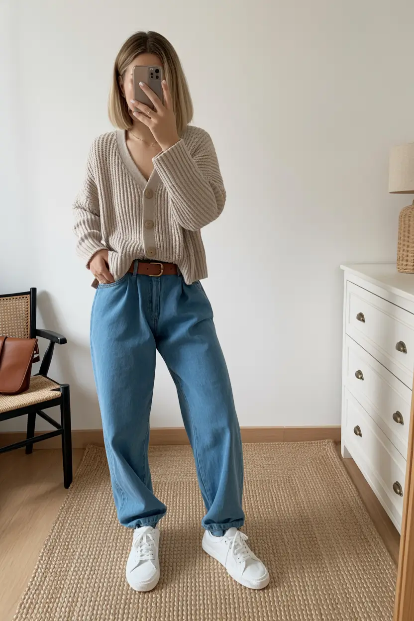fashionable spring mom outfits 2026 The Soft Cardigan and Baggy Jeans Look That Feels Like a Warm Hug