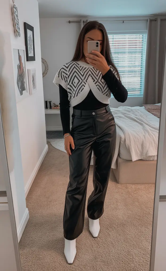 fashionable spring mom outfits 2026 Leather Pants + Graphic Knit: The “I’m Still Fun” Outfit