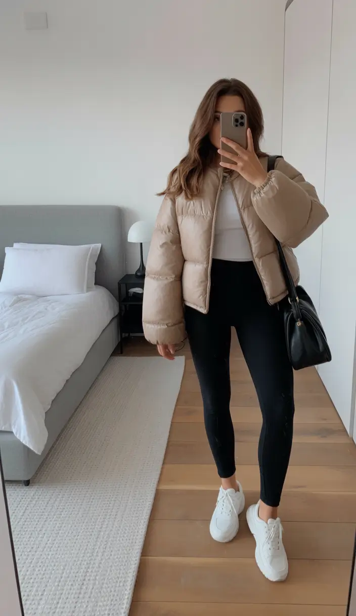 fashionable spring mom outfits 2026 The Beige Puffer and Leggings Outfit That Saves You on Cold Busy Days