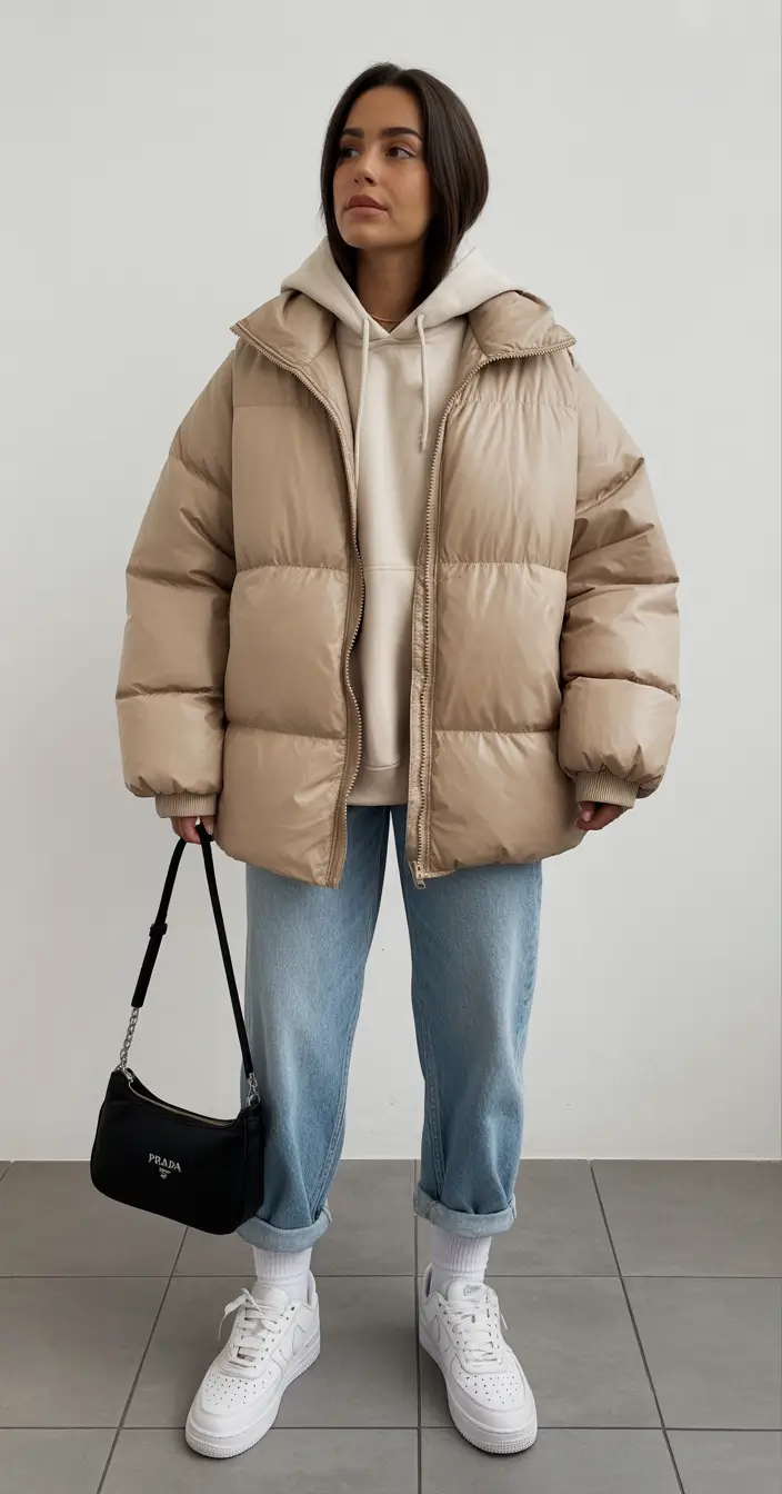 fashionable spring mom outfits 2026 The Beige Puffer and Hoodie Combo That Makes Cold Days Look Cute