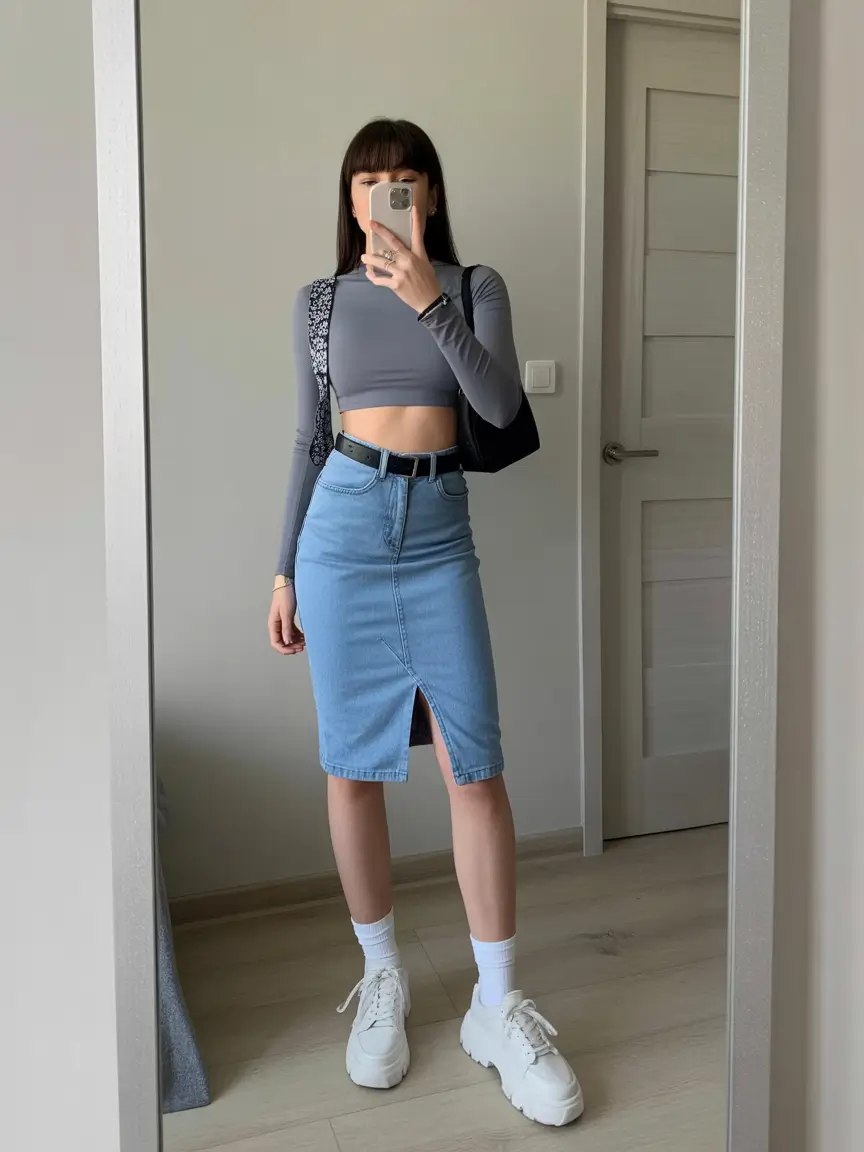 fashionable spring mom outfits 2026 Denim Skirt + Long-Sleeve Crop: The Cool-Girl Throwback That’s Back for 2026