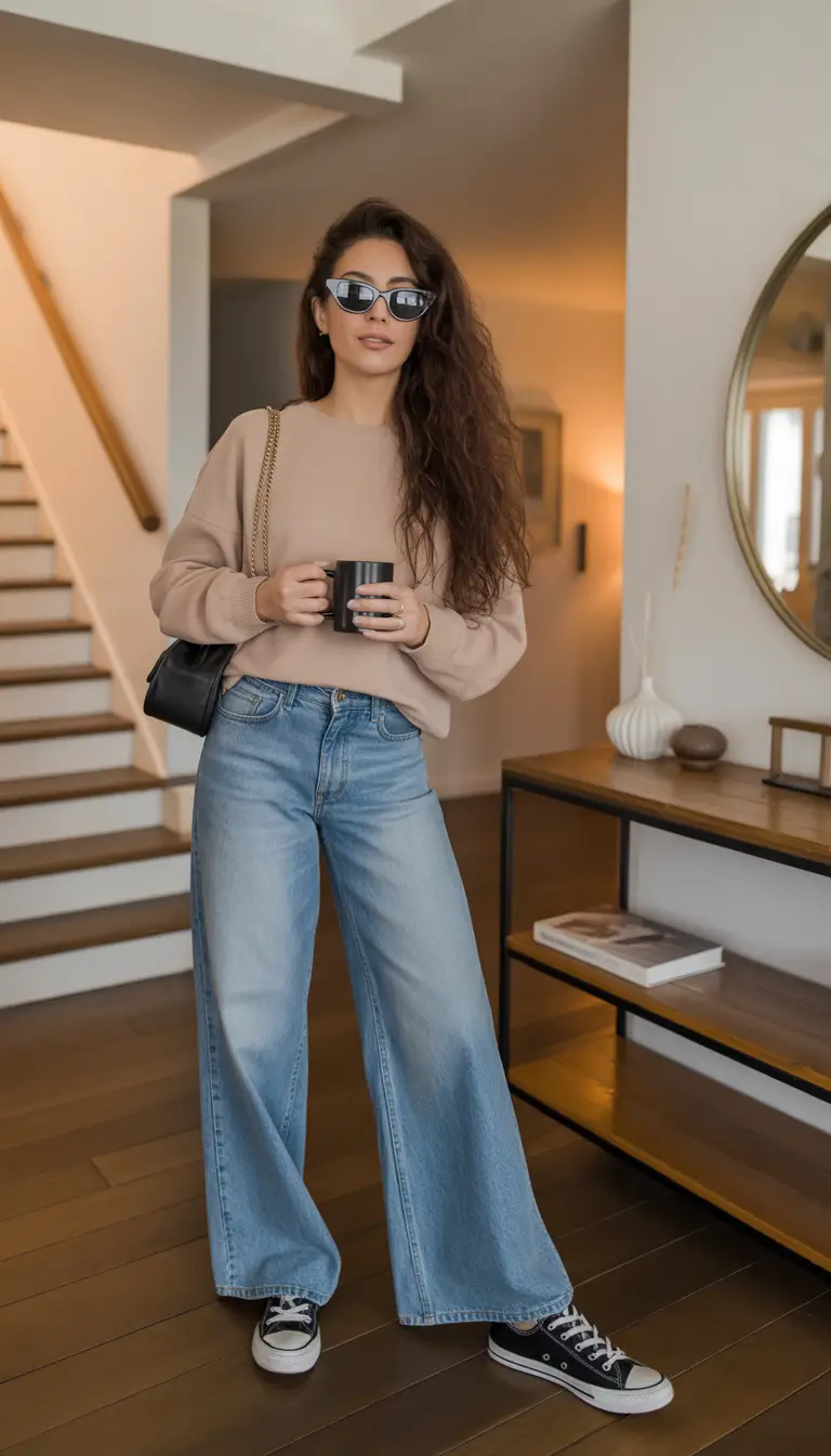 fashionable spring mom outfits 2026 The Soft Sweater and Wide Jeans Look That Feels Like Weekend Luxury