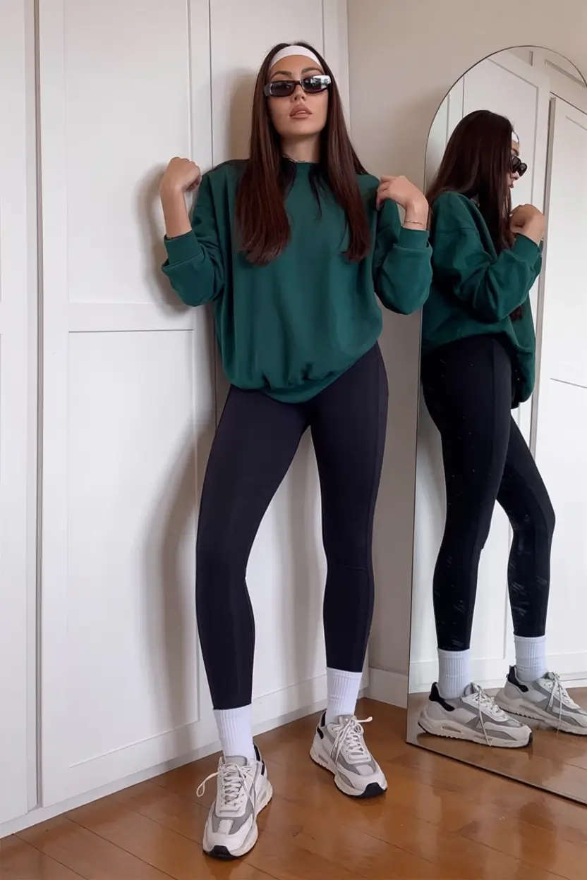 fresh spring workout outfits 2026 Deep Green Comfort with Sleek Black Leggings