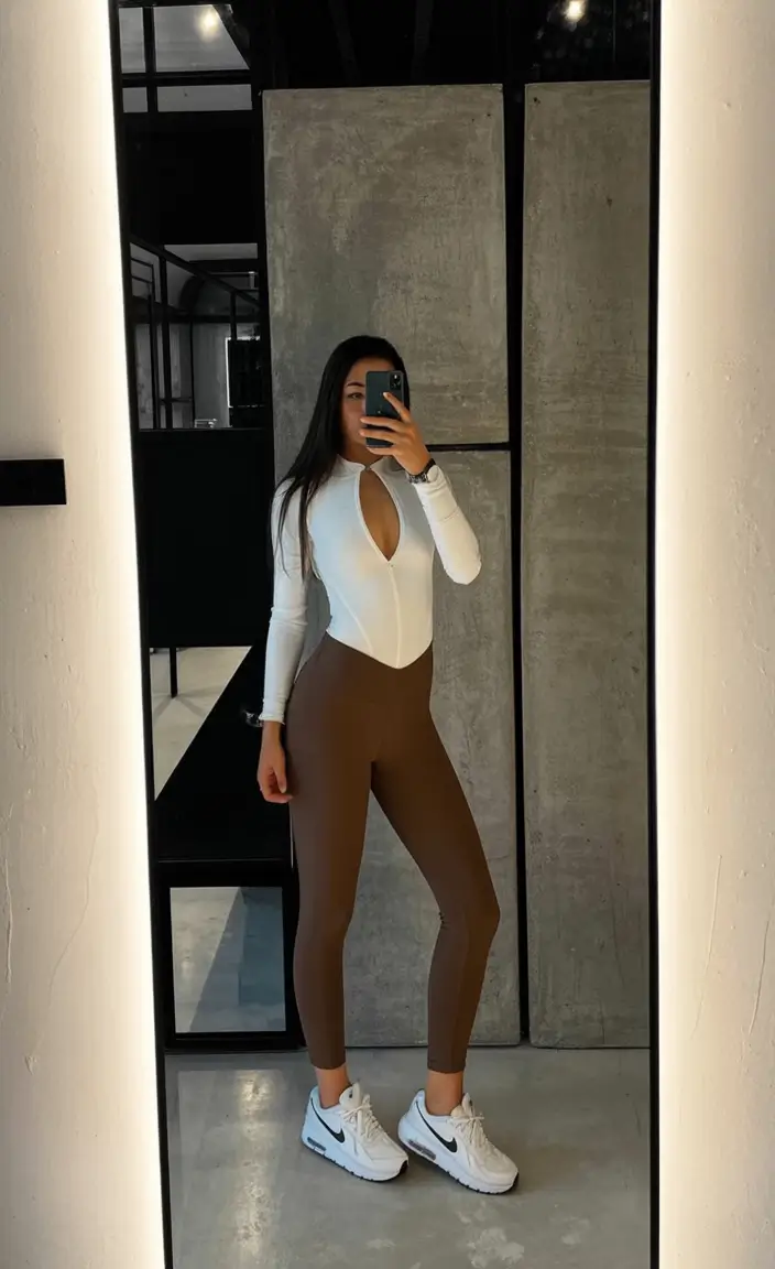 fresh spring workout outfits 2026 Contoured Bodysuit with Warm Brown Leggings for a Sculpted Spring Look