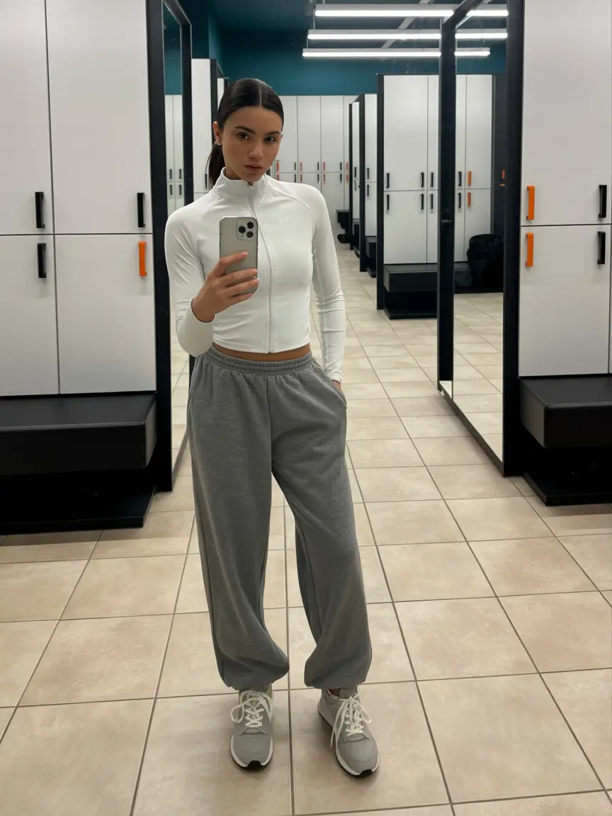 fresh spring workout outfits 2026 Soft White Zip and Relaxed Grey Sweats for Laid Back Spring Comfort