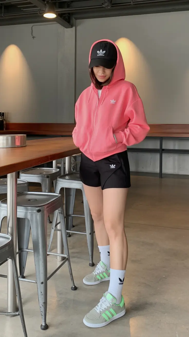 fresh spring workout outfits 2026 Sporty Shorts with Bright Hoodie for Playful Spring Energy
