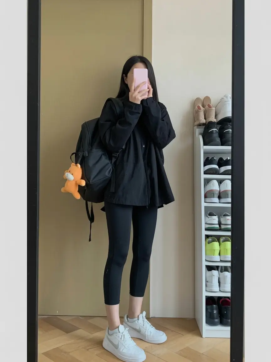 fresh spring workout outfits 2026 Layered Black Comfort for Early Spring Errands