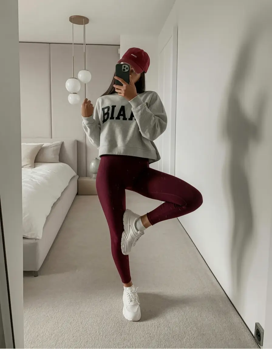 fresh spring workout outfits 2026 Soft Gray and Berry Tones for a Warm and Playful Spring Combo
