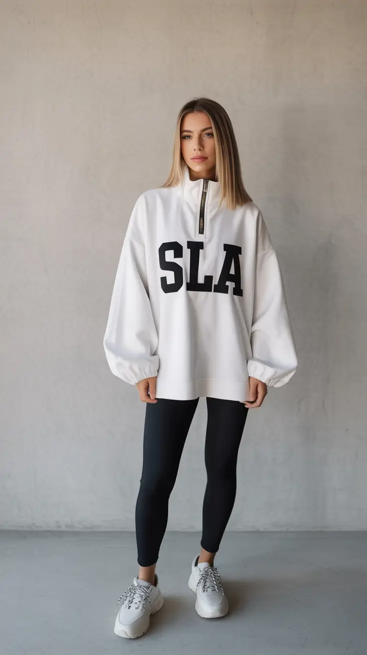 fresh spring workout outfits 2026 Oversized White Quarter Zip with Sleek Leggings for Sporty Spring Ease