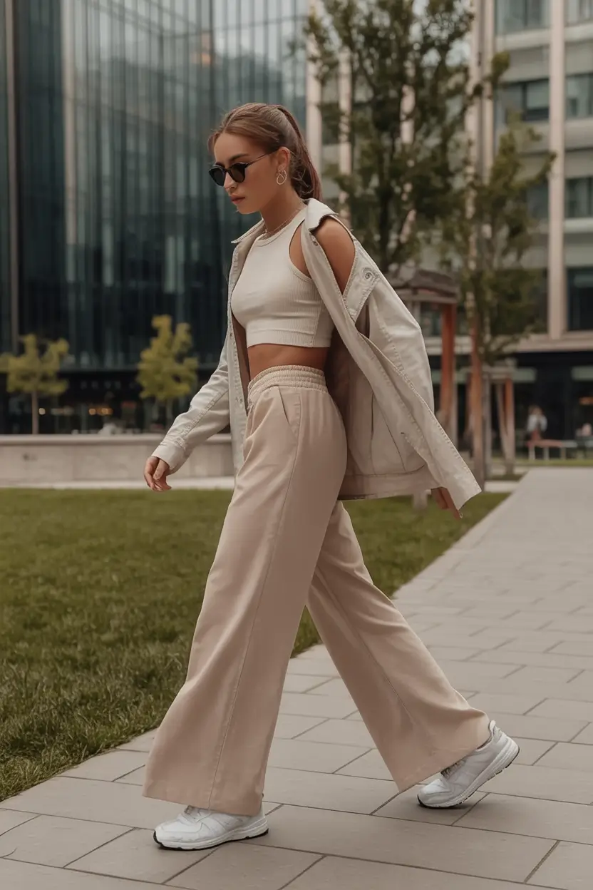 fresh spring workout outfits 2026 Creamy Wide Leg Athleisure for a Soft Spring Glow