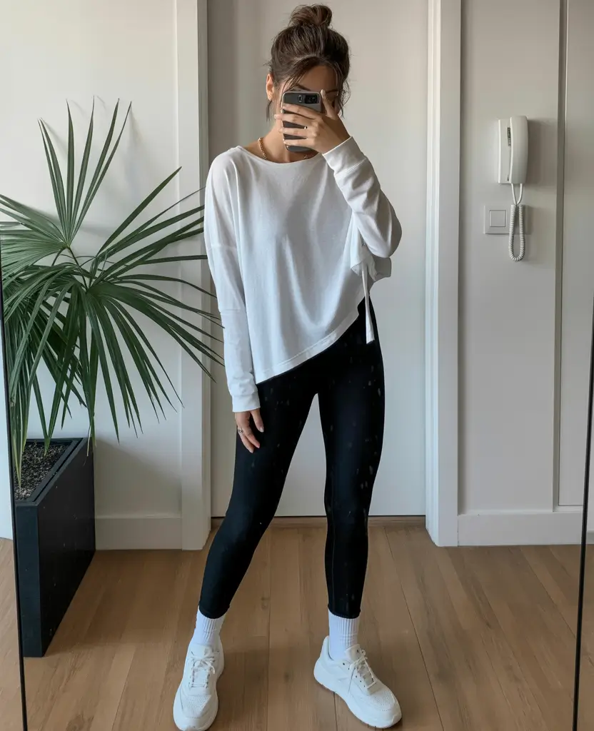 fresh spring workout outfits 2026 White Knits and Black Leggings for Easy Fresh Spring Movement