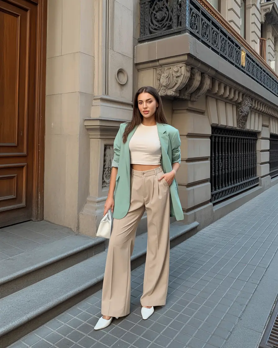 spring vacation outfits Mint Blazer Ease for a Polished Spring Stroll