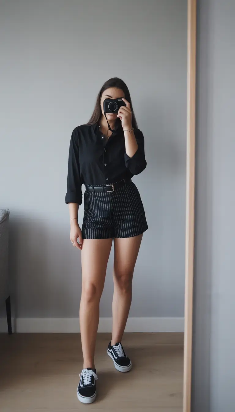spring vacation outfits Pinstripe Shorts with a Minimal Black Shirt