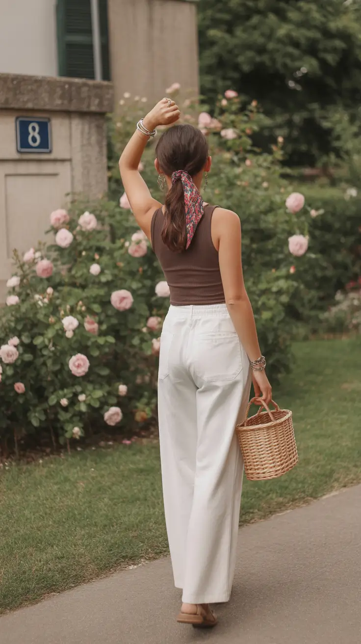 spring vacation outfits Brown Tank and White Trousers for a Soft Garden Walk