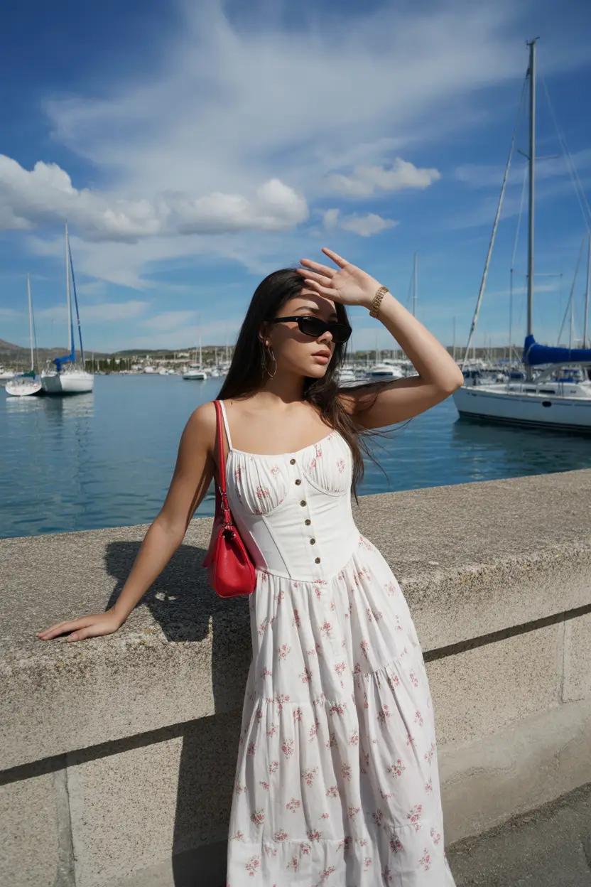 spring vacation outfits White Corset Dress for a Seaside Spring Escape