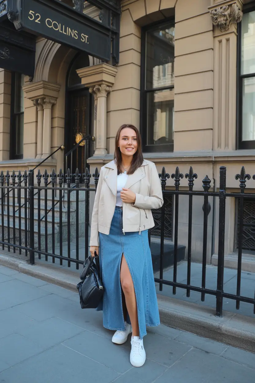 spring vacation outfits Denim Maxi Skirt Style for a Modern Spring Stroll