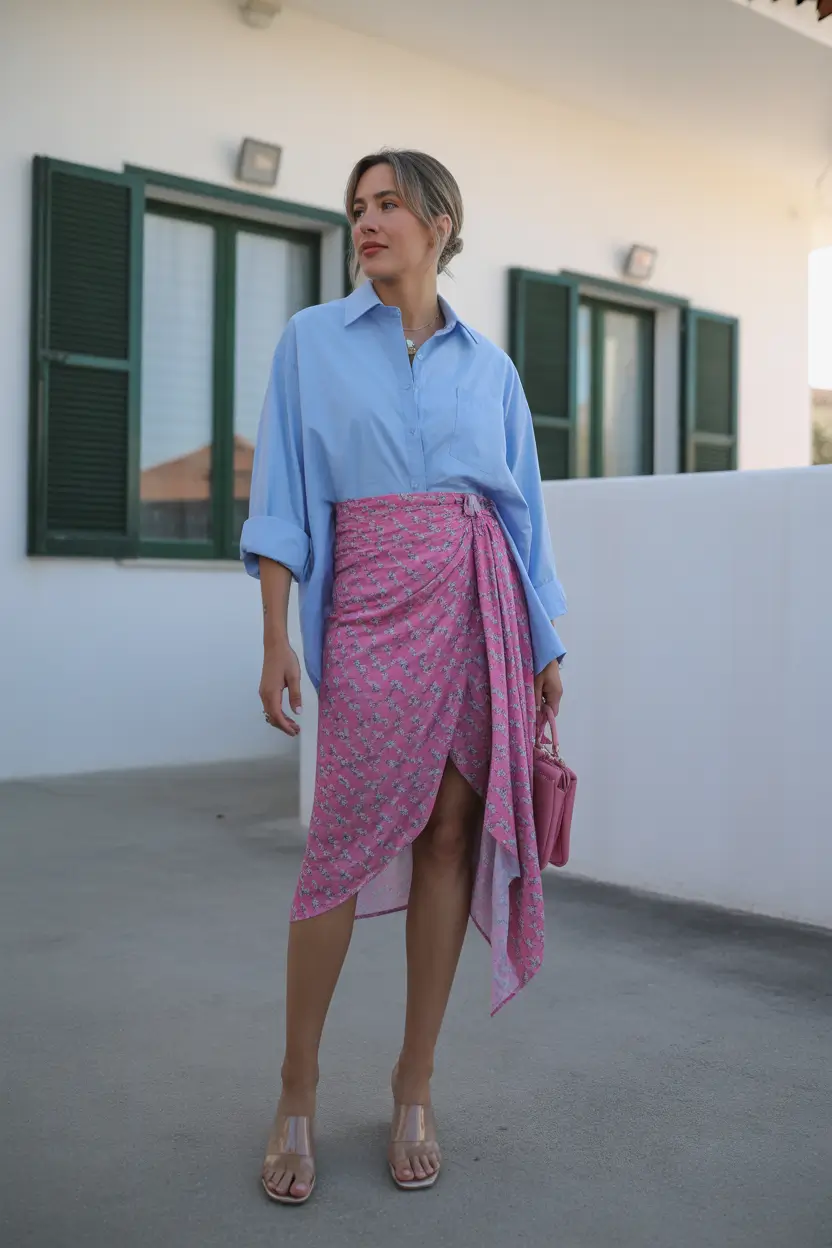 spring vacation outfits Soft Blue Shirt with a Rosy Wrap Skirt
