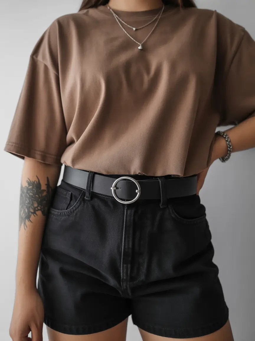 spring vacation outfits Brown Oversized Tee and Black Denim Shorts for Laid Back Spring Days