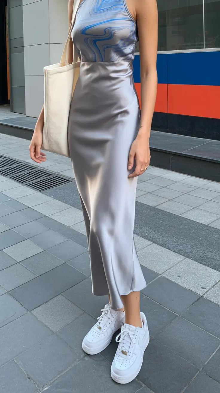 spring vacation outfits Silver Slip Dress with Sporty Sneakers for a Modern Spring Twist