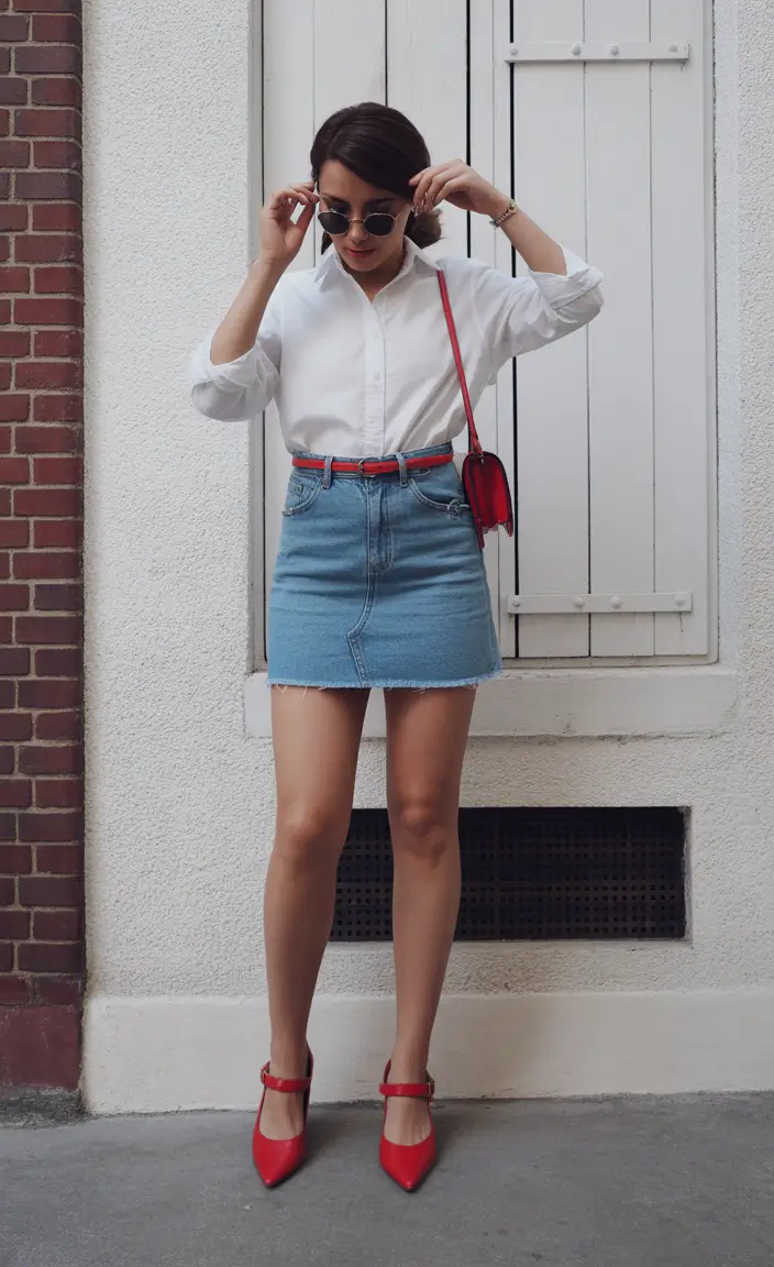 spring vacation outfits White Shirt and Denim Skirt with a Bold Red Accent