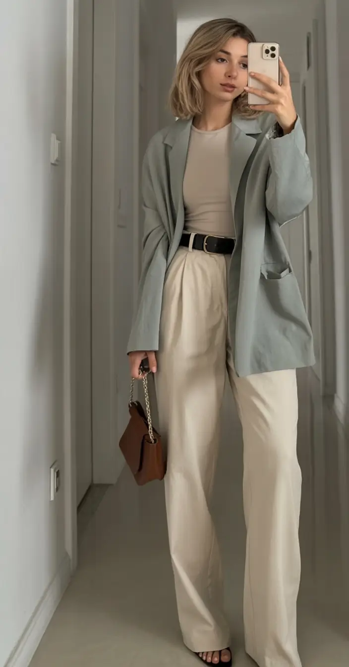 gorgeous early spring outfits 2026 Sage Blazer With Flowing Neutrals
