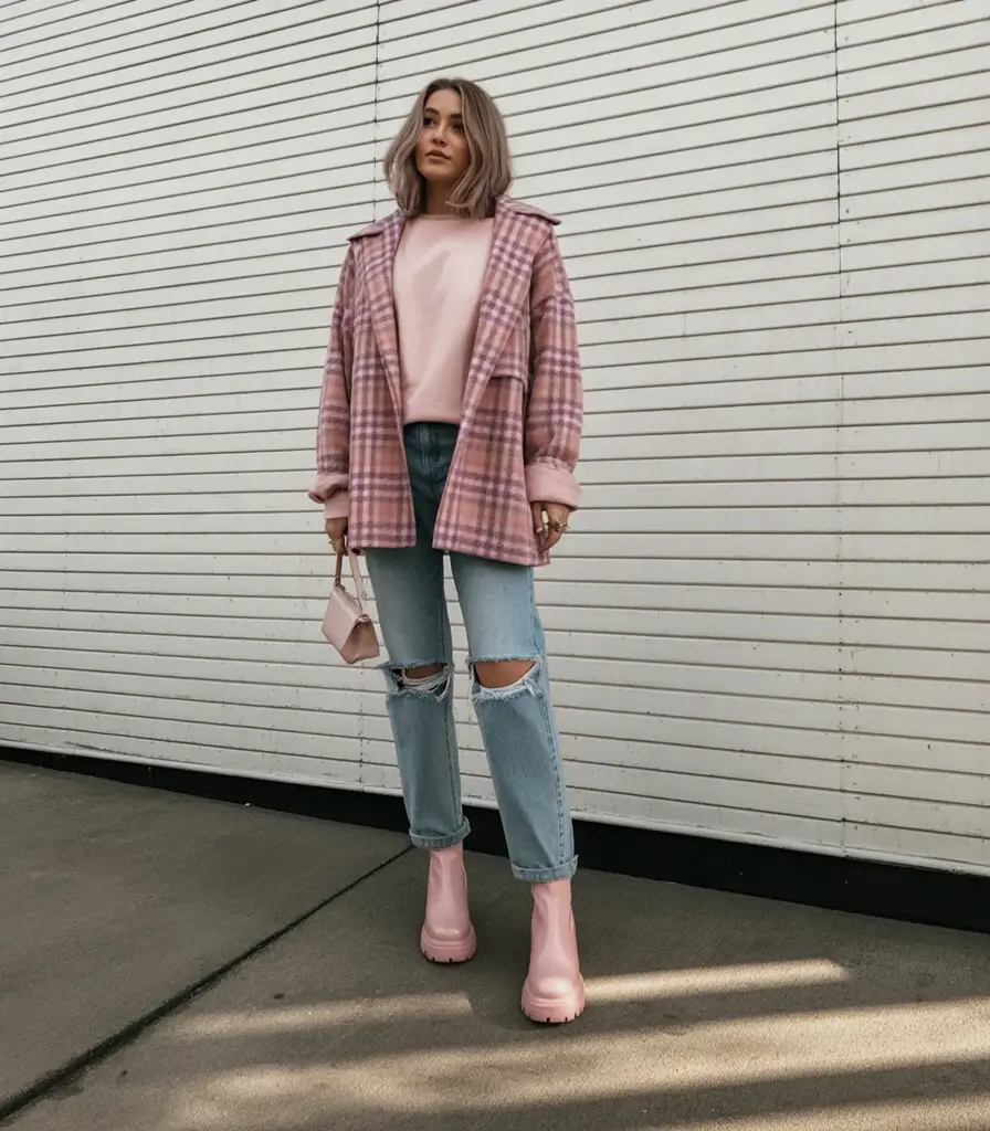gorgeous early spring outfits 2026 Soft Pink Plaid With Modern Distressed Denim