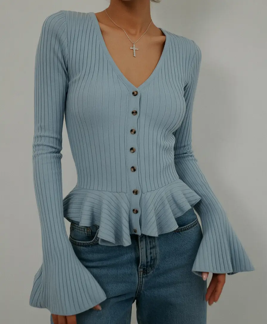 gorgeous early spring outfits 2026 Peplum Knit In Powder Blue With Classic Denim