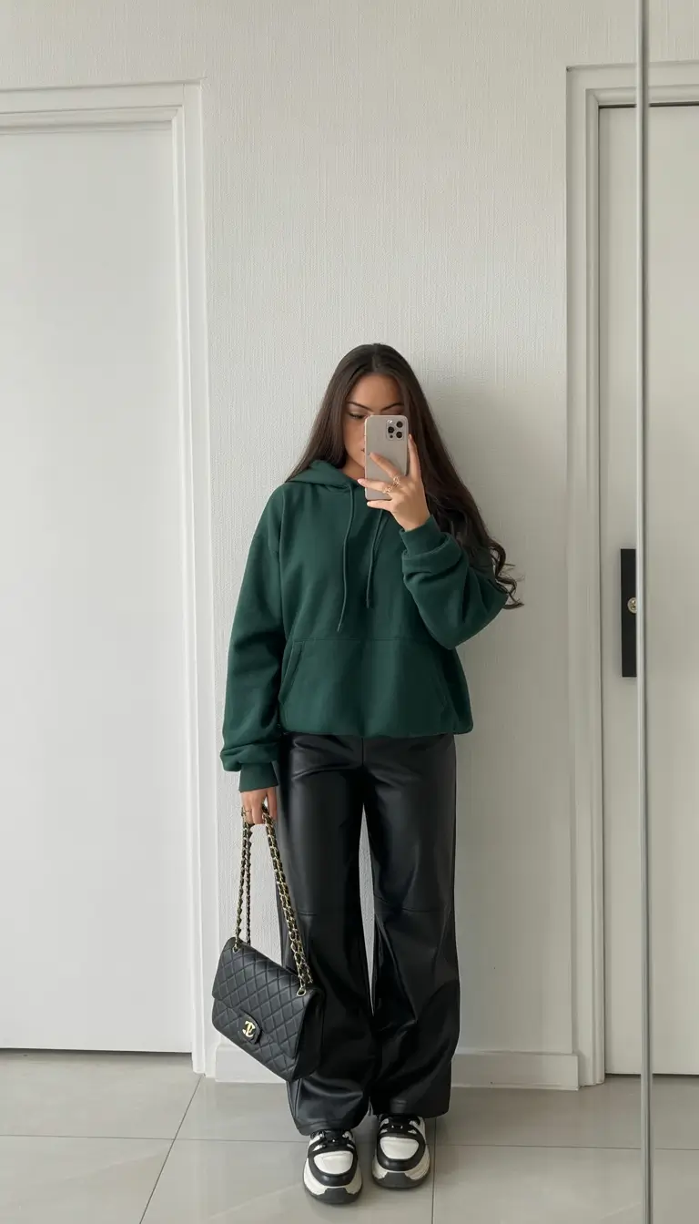 gorgeous early spring outfits 2026 Deep Green Hoodie With Sleek Leather Pants