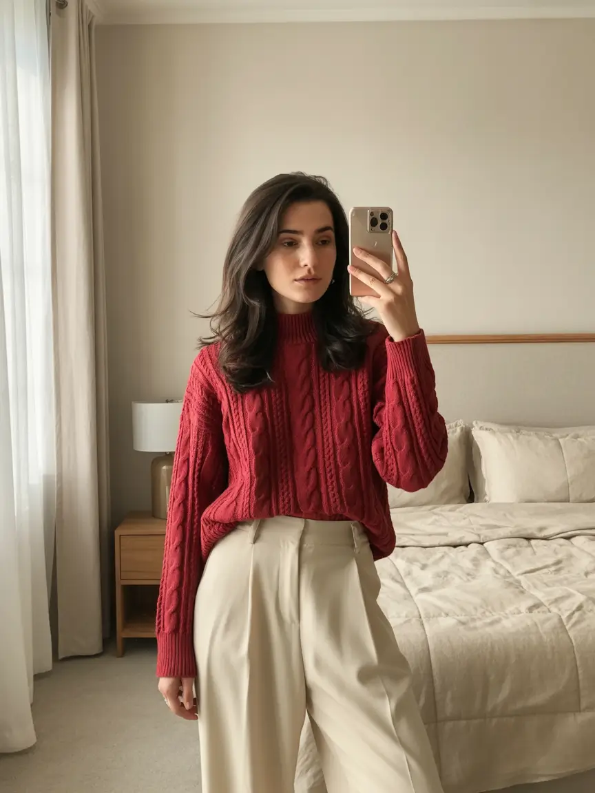 gorgeous early spring outfits 2026 Red Cable Knit With Tailored Cream Trousers