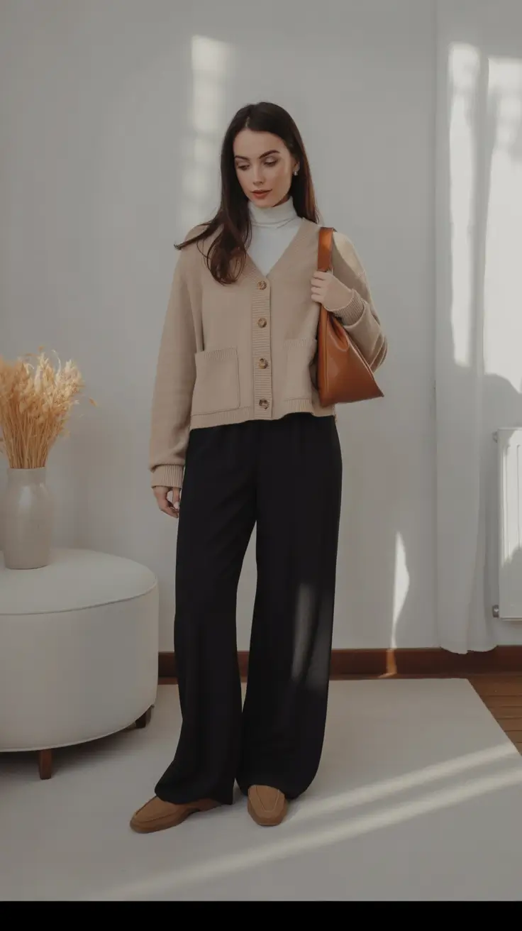 gorgeous early spring outfits 2026 Warm Beige Layers With Relaxed Black Trousers