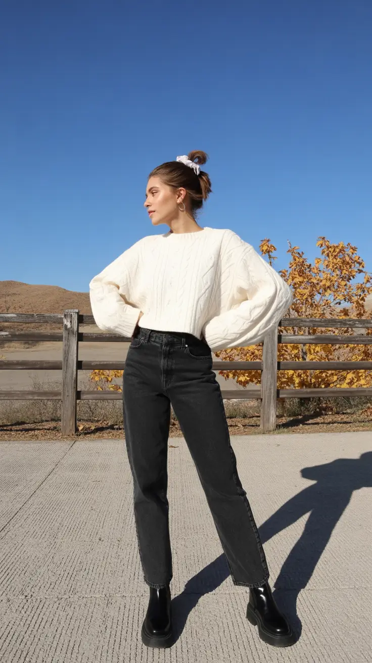 gorgeous early spring outfits 2026 Chunky Knit And Ink Denim With Modern Boots