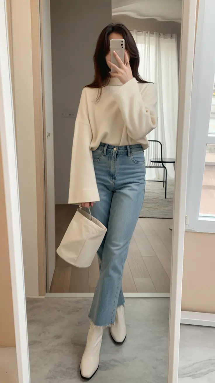 gorgeous early spring outfits 2026 Cream Sweater With Soft Blue Denim And White Boots
