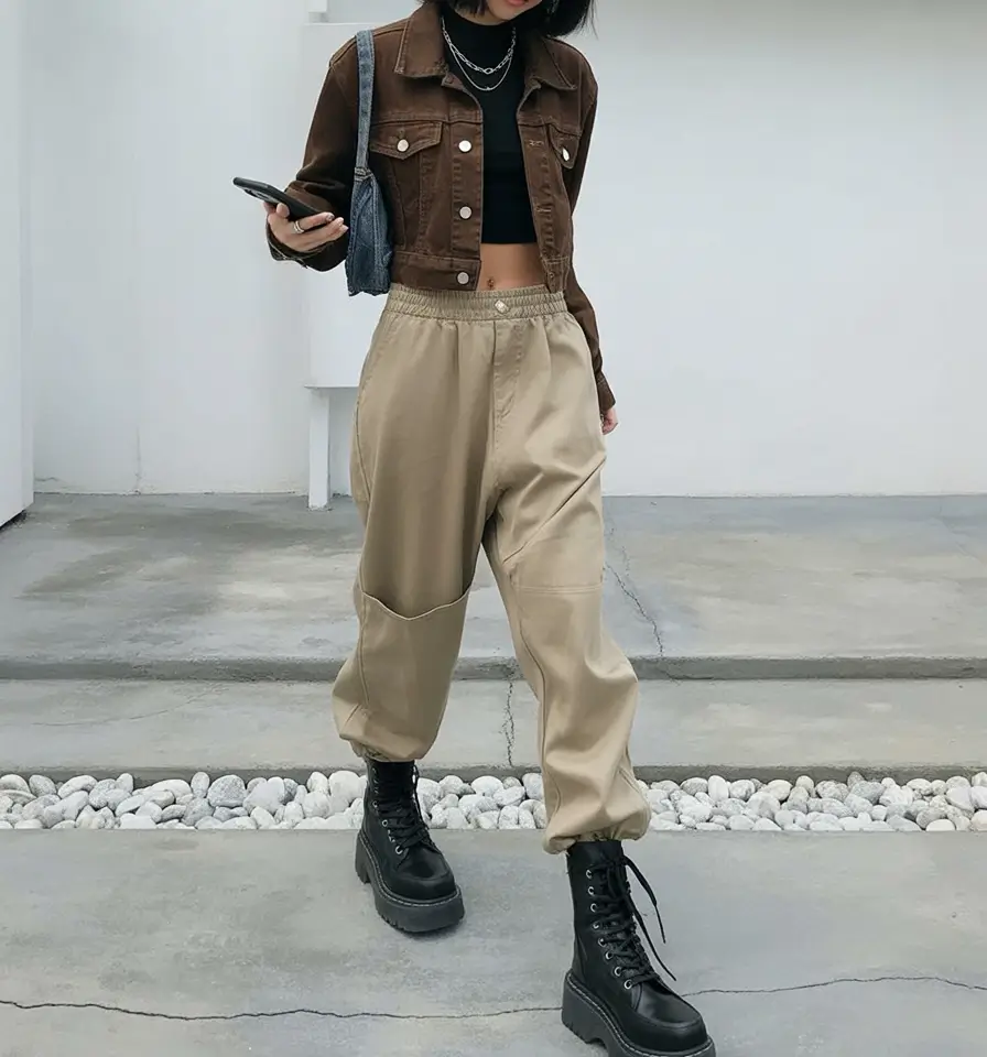 gorgeous early spring outfits 2026 Cropped Brown Jacket With Relaxed Utility Pants