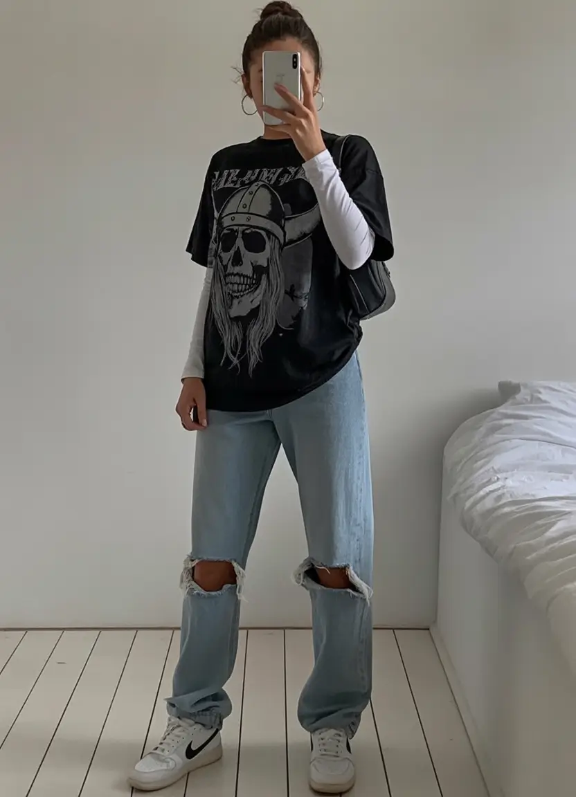 gorgeous early spring outfits 2026 Layered Graphic Energy With Ripped Denim