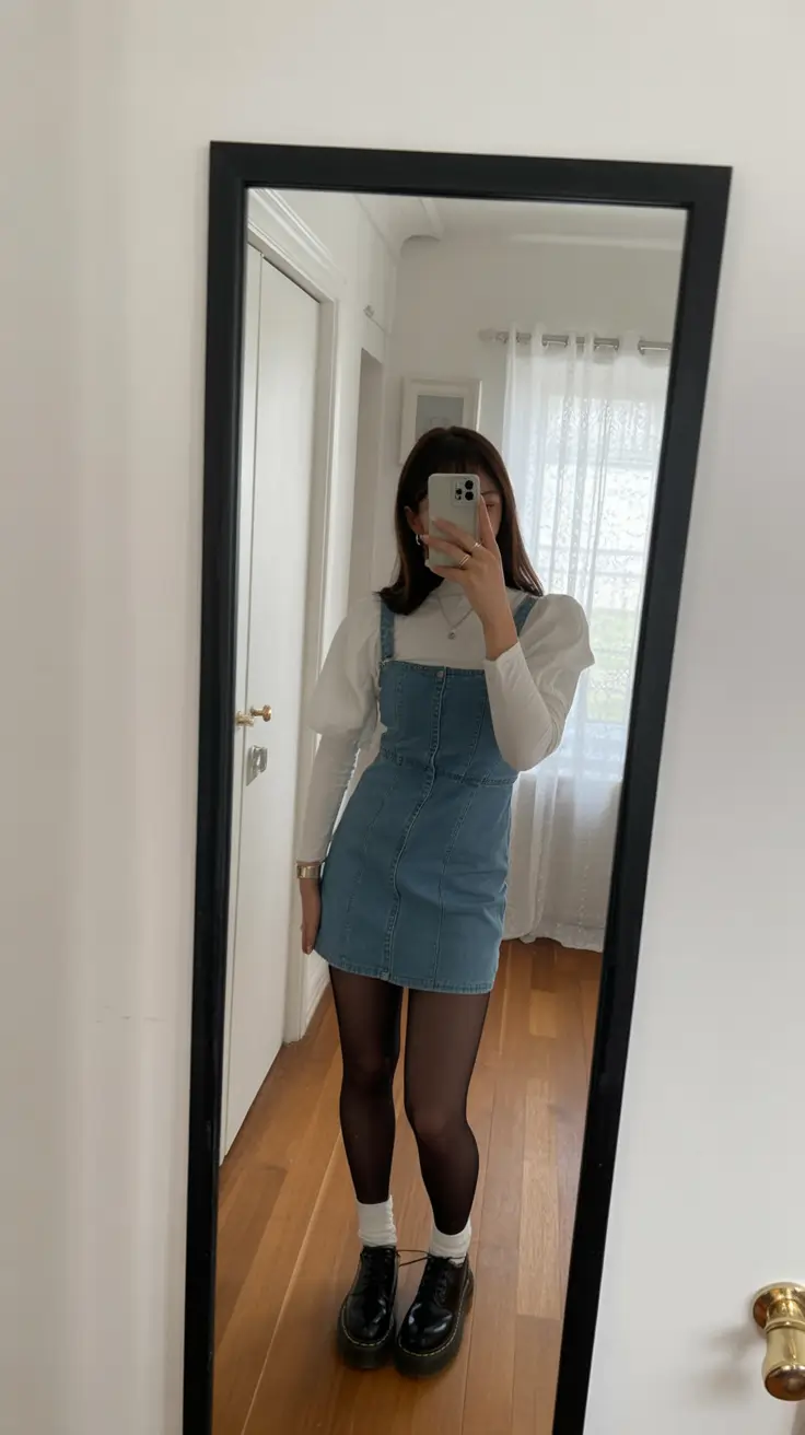 gorgeous early spring outfits 2026 Denim Mini Dress Layered For Early Spring Warmth