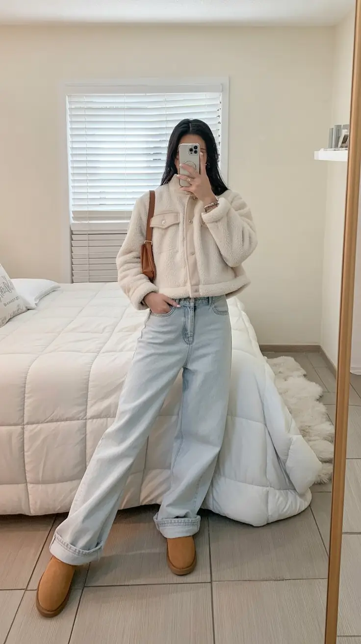 gorgeous early spring outfits 2026 Soft Shearling Warmth With Light Denim Ease