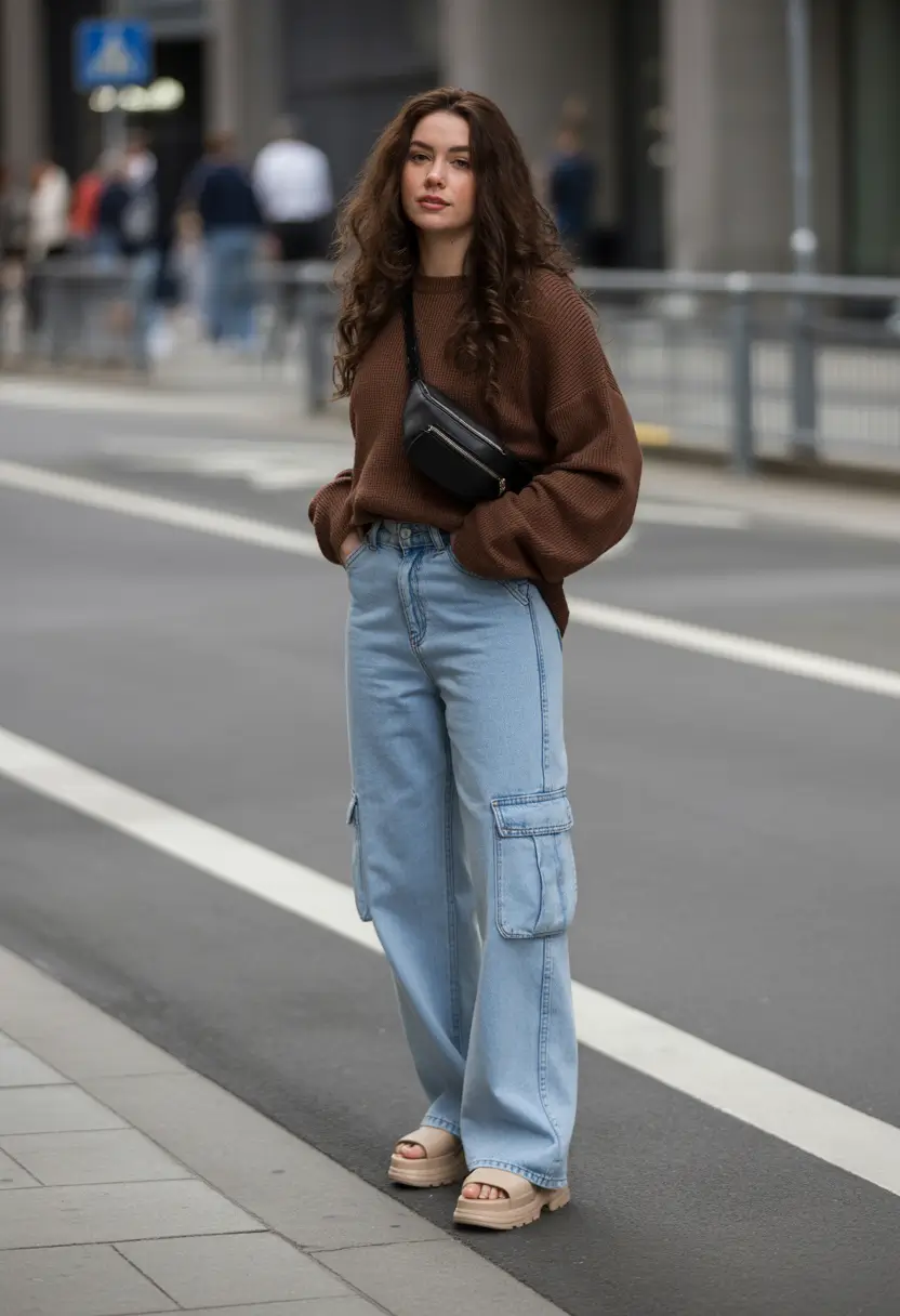 gorgeous early spring outfits 2026 Rich Brown Knit With Cargo Denim Coolness