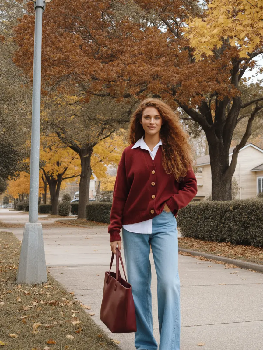 gorgeous early spring outfits 2026 Deep Burgundy Cardigan With Polished Denim Balance