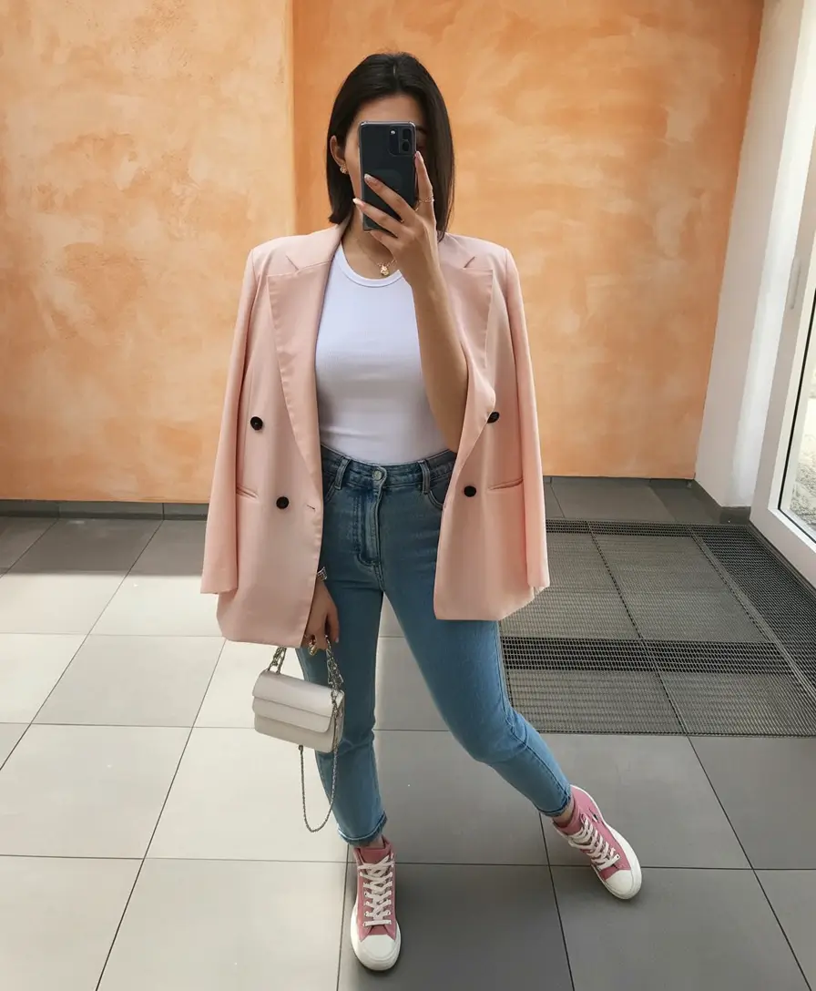 gorgeous early spring outfits 2026 Blush Blazer With Denim And Soft Sneakers