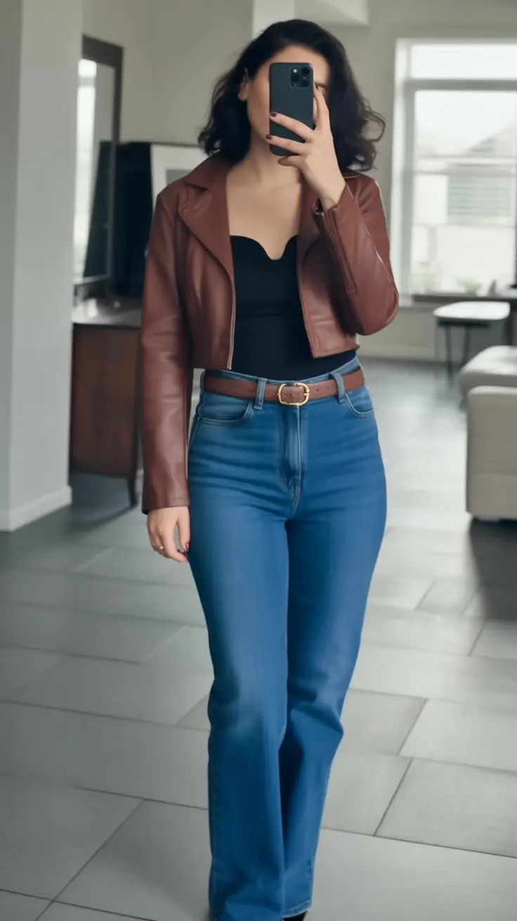 gorgeous early spring outfits 2026 Brown Leather And Curved Denim Silhouette