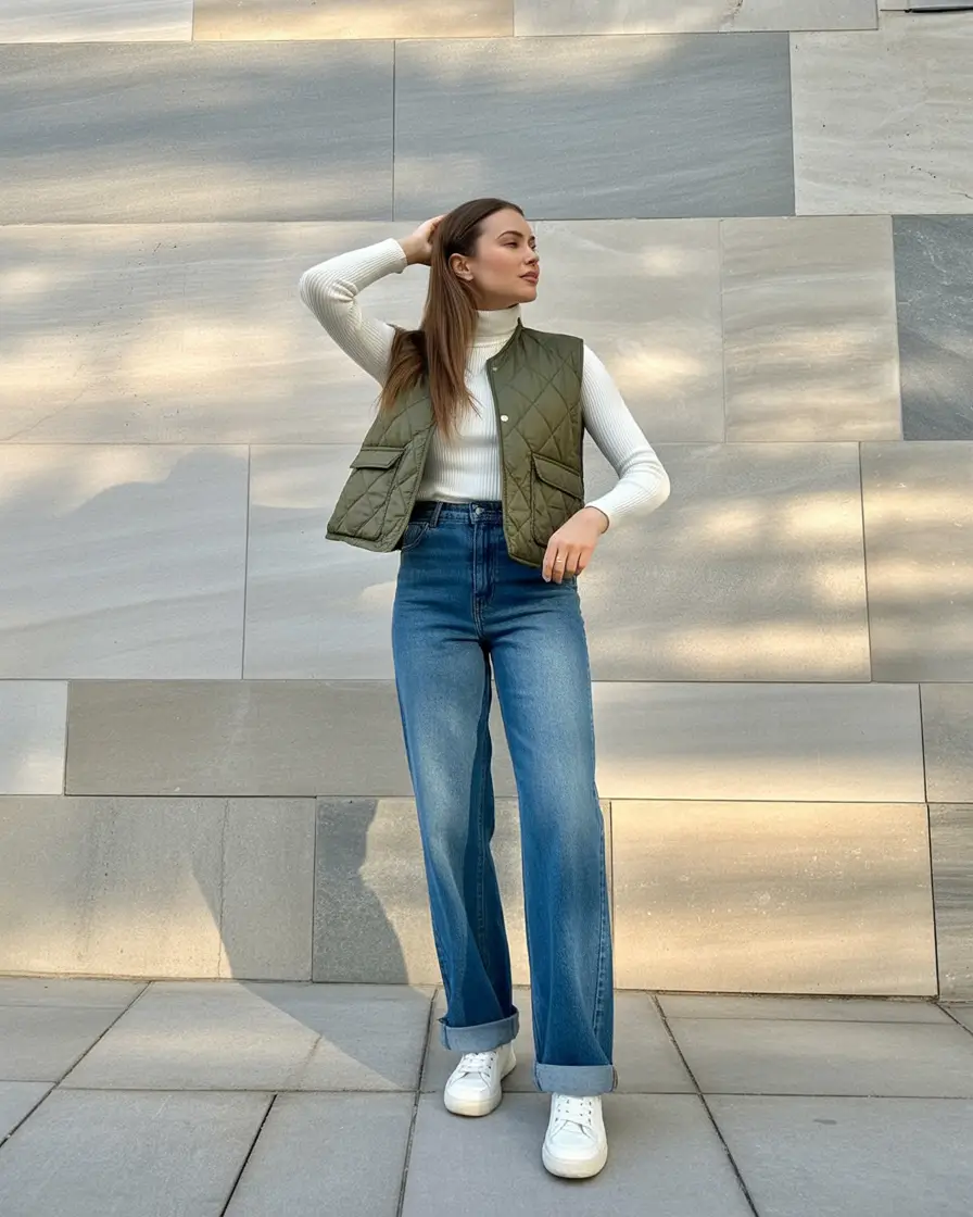 gorgeous early spring outfits 2026 Quilted Olive Vest With Minimalist Layers