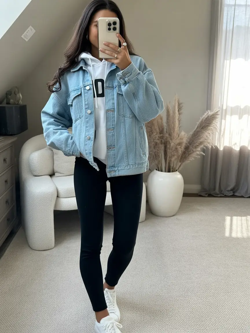 gorgeous leggings outfit spring 2026 Casual Denim Layering for Light and Easy Spring Days