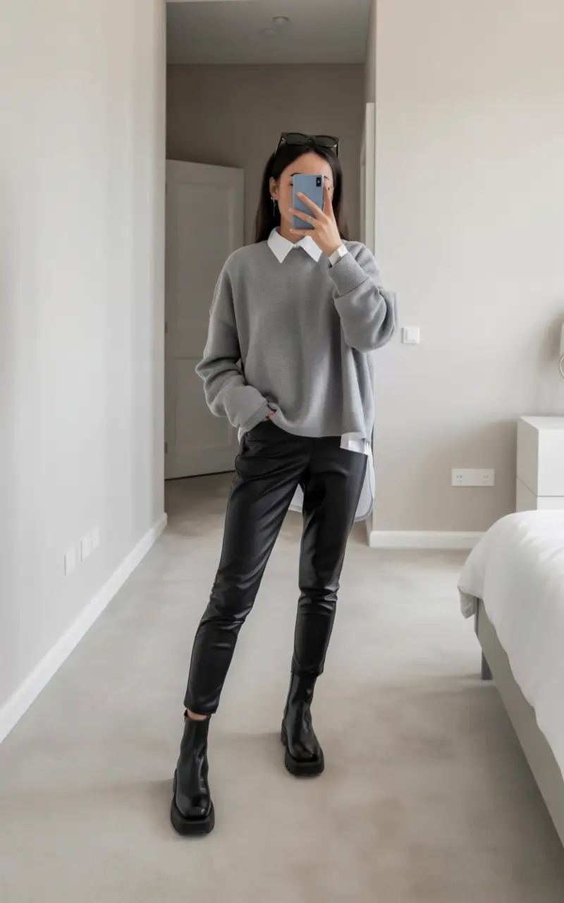 gorgeous leggings outfit spring 2026 Soft Grey Layers With a Touch of Modern Edge