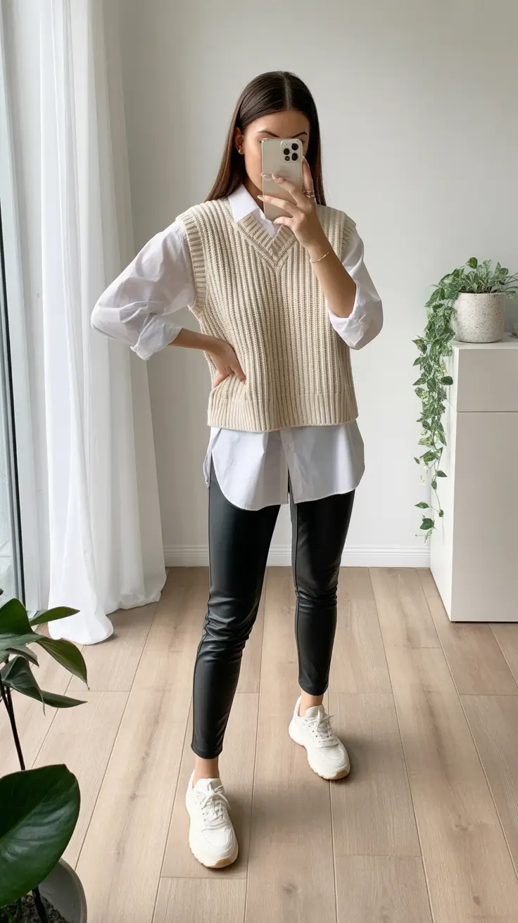 gorgeous leggings outfit spring 2026 Classic Neutrals With a Modern Faux Leather Twist