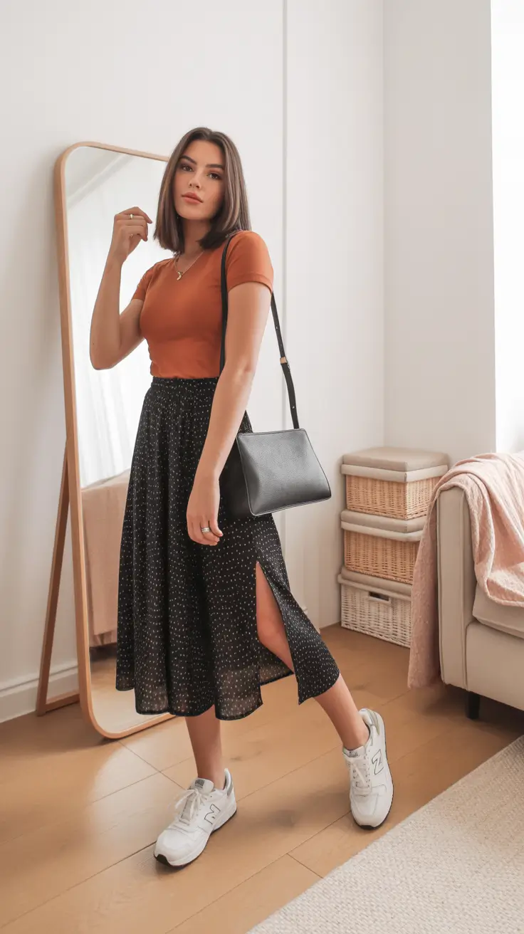 sneakers spring outfits Feminine Skirt Flow Paired with Classic White Sneakers